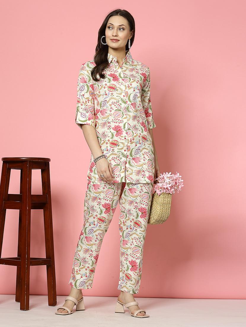 women white rayon shirt and trouser co-ord set - 21496566 -  Standard Image - 1