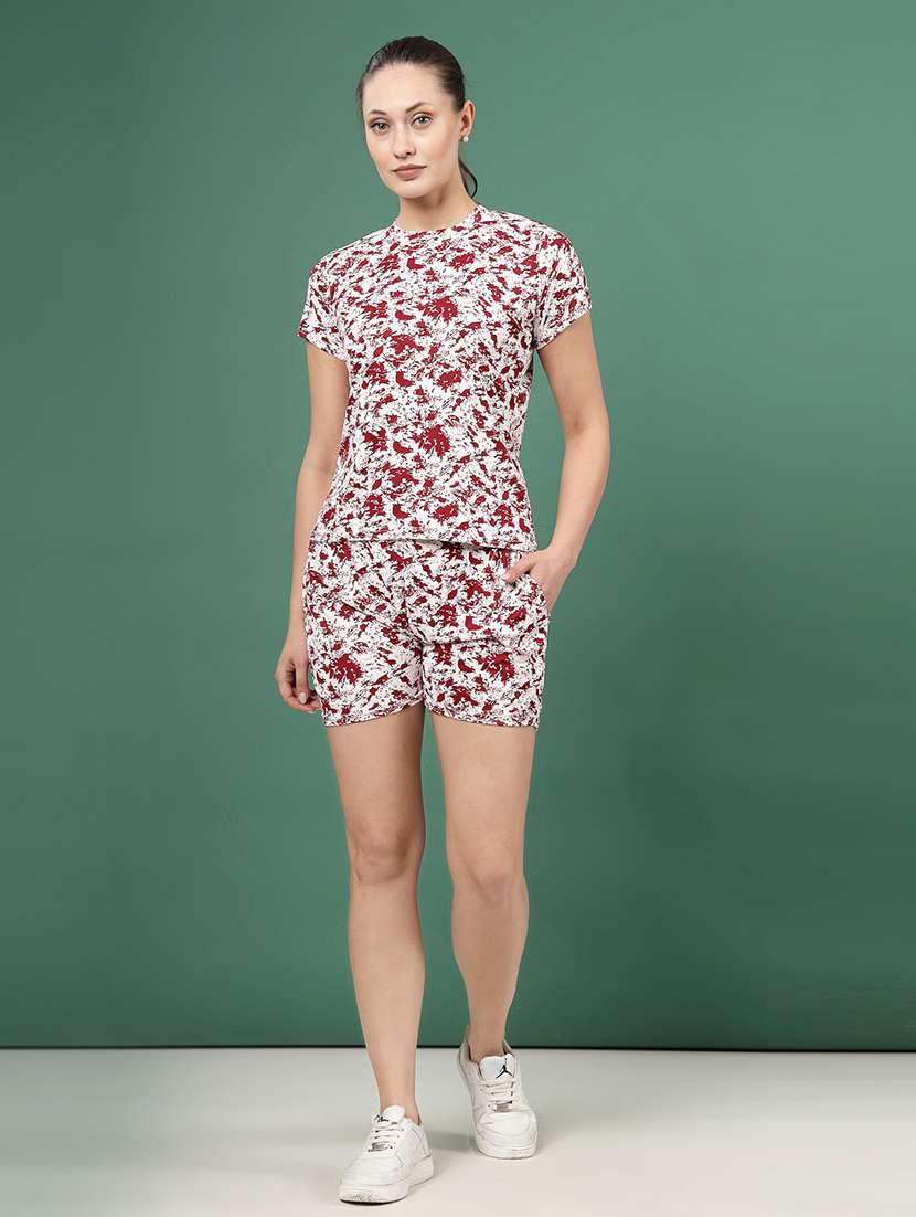 women maroon polyester blend top and shorts co-ord set
