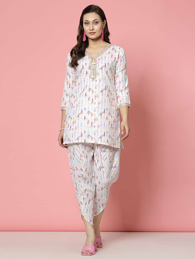 women off white cotton top & dhotti co-ord set