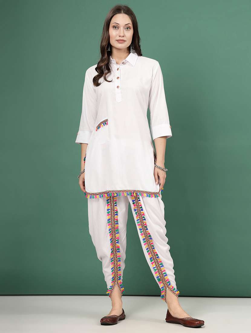 women white rayon dhotti and top co-ord set