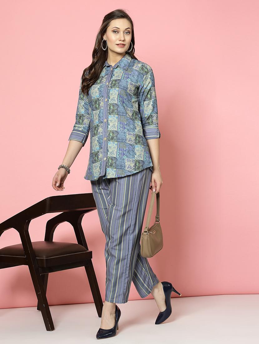women blue rayon shirt and trouser co-ord set - 21496594 - Standard Image - 1