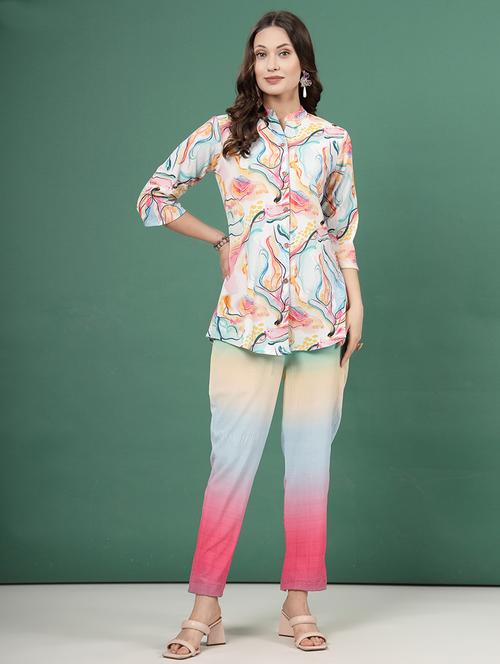 women white cotton blend shirt and trouser co-ord set - 21496597 - Standard Image - 0