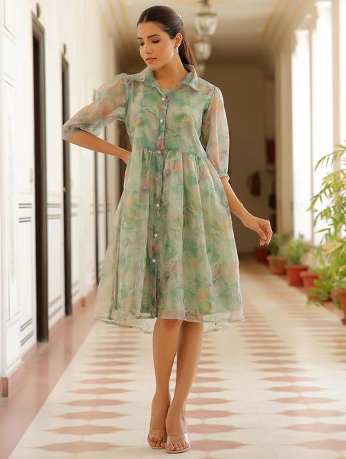 light green abstract printed fit & flare dress - 21497415 -  Standard Image - 0
