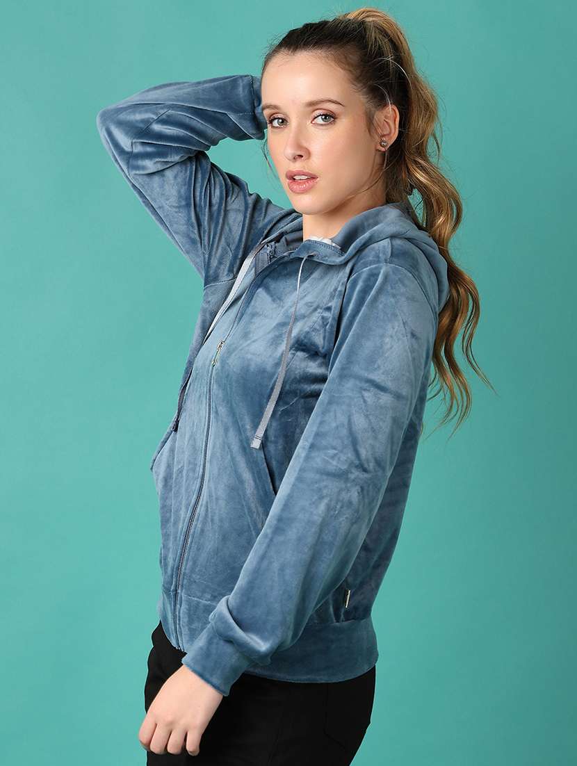 women solid hooded zipper sweatshirt - 21497497 -  Standard Image - 1