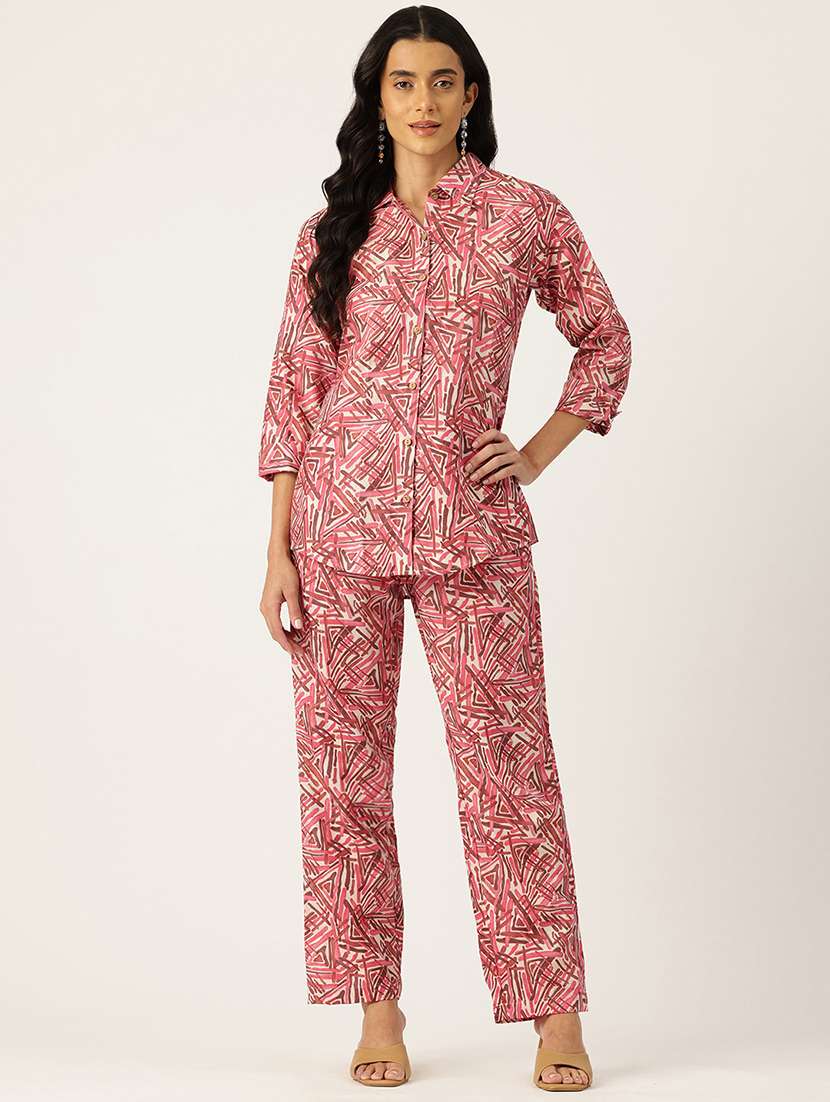women collared printed top and palazzos co-ord set