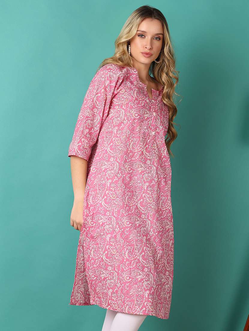 women paisley printed three quarter sleeve straight kurta - 21498559 -  Standard Image - 1