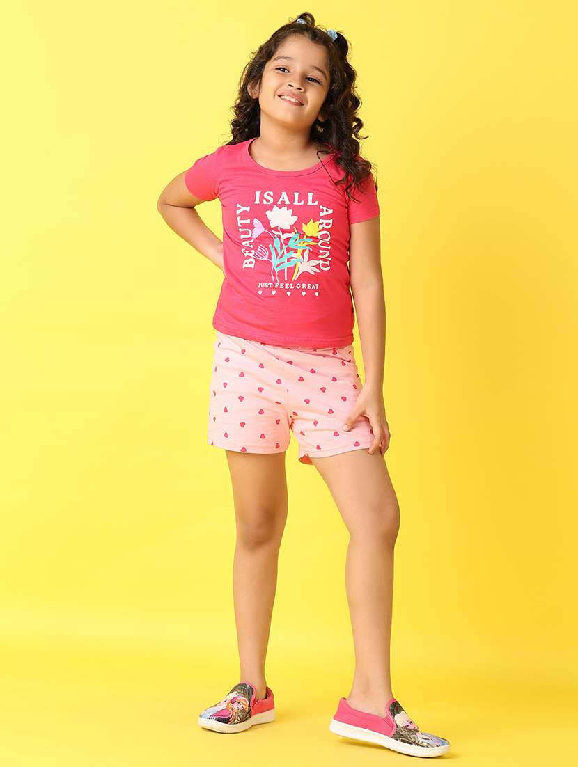 girls front printed round neck top & shorts set - 21498615 -  Standard Image - 1