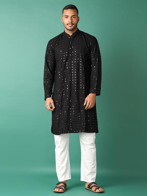men black mandarin neck kurta pyjama set - 21498743 - Standard Image - 0