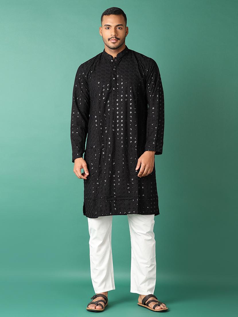 men black mandarin neck kurta pyjama set - 21498743 - Zoom Image - 0