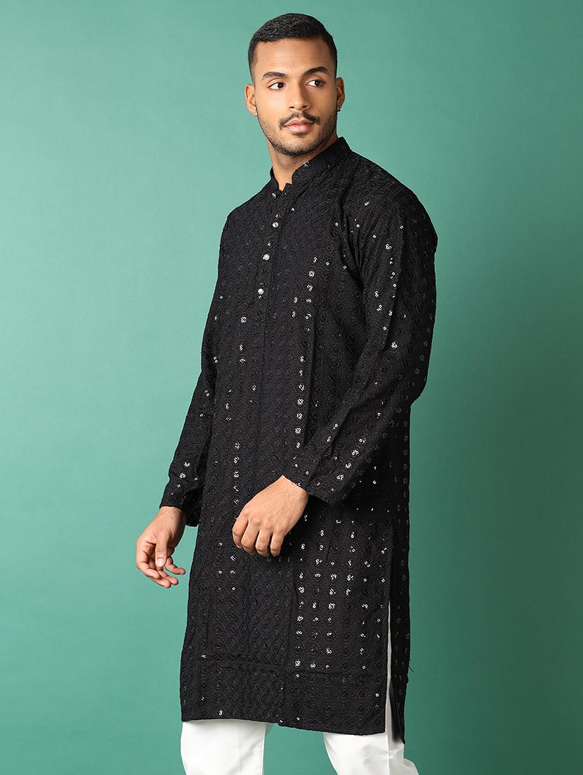 men black mandarin neck kurta pyjama set - 21498743 - Standard Image - 1