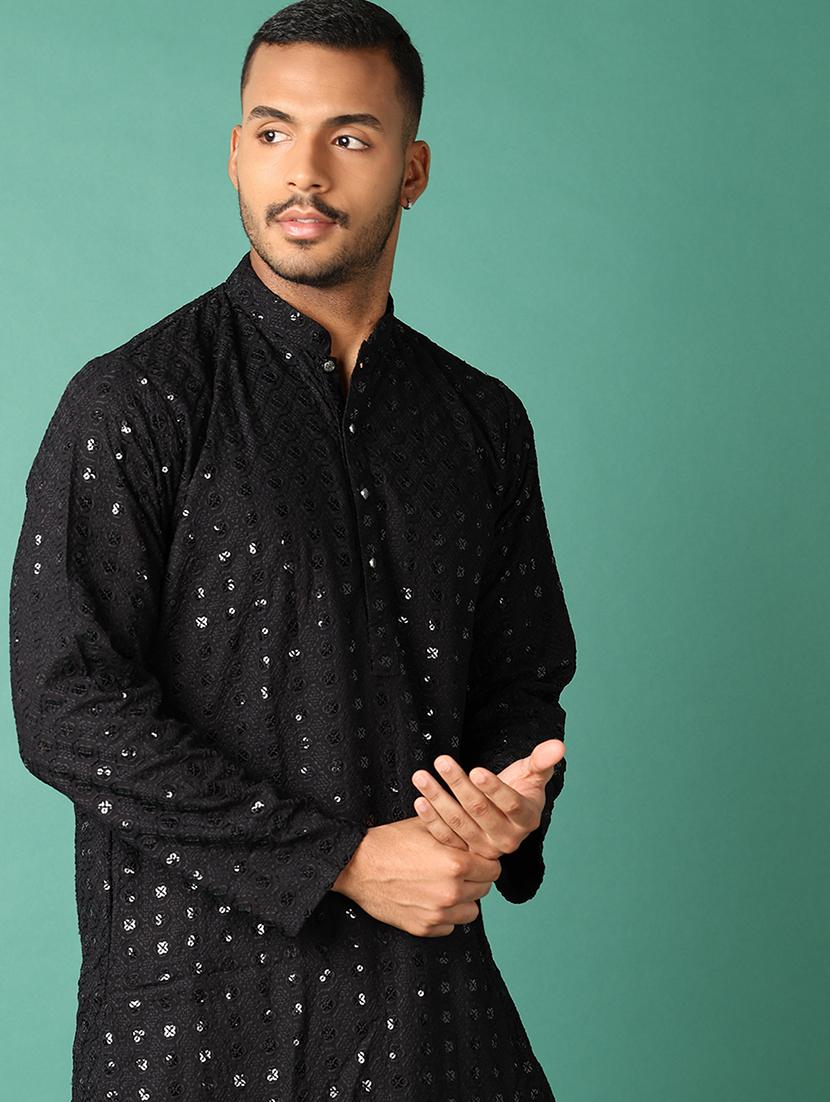 men black mandarin neck kurta pyjama set - 21498743 - Standard Image - 4