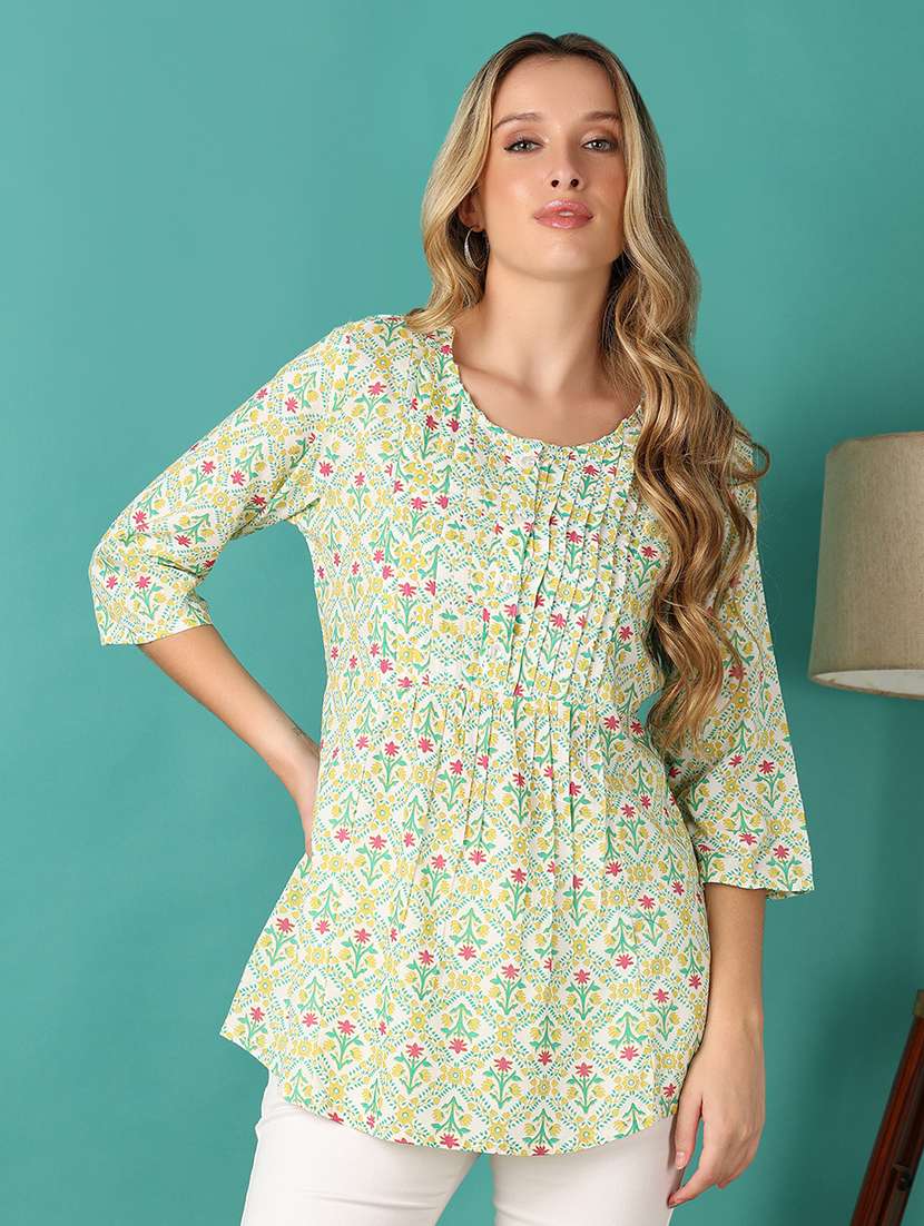 women floral printed three quarter sleeve a-line kurti