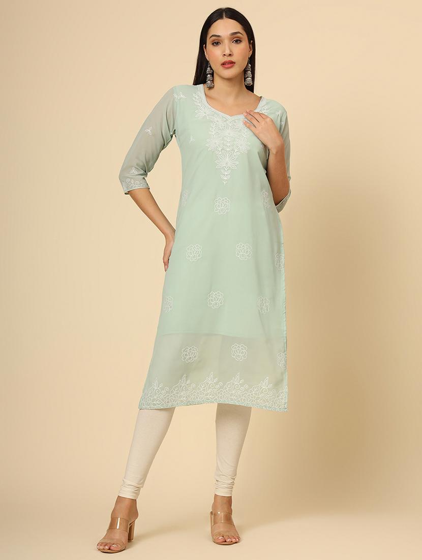 women three quarter sleeve chikankari straight kurta - 21499088 -  Standard Image - 1