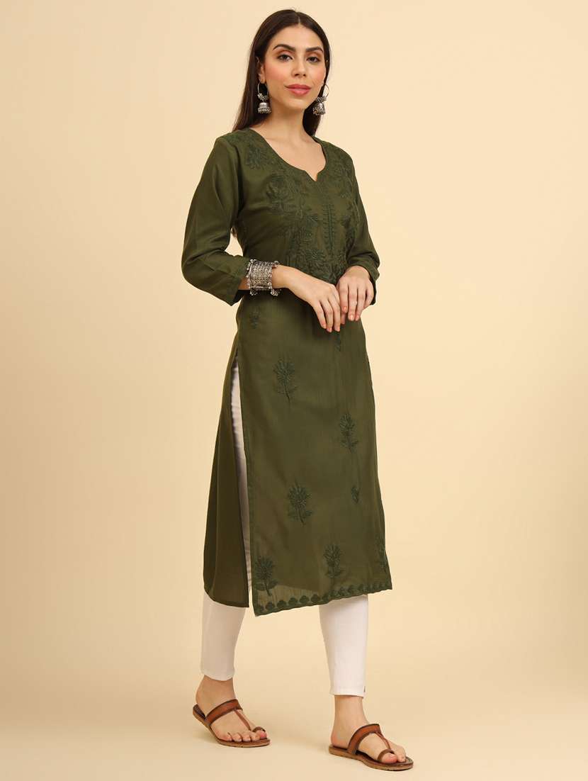 women three quarter sleeve chikankari straight kurta - 21499092 -  Standard Image - 1