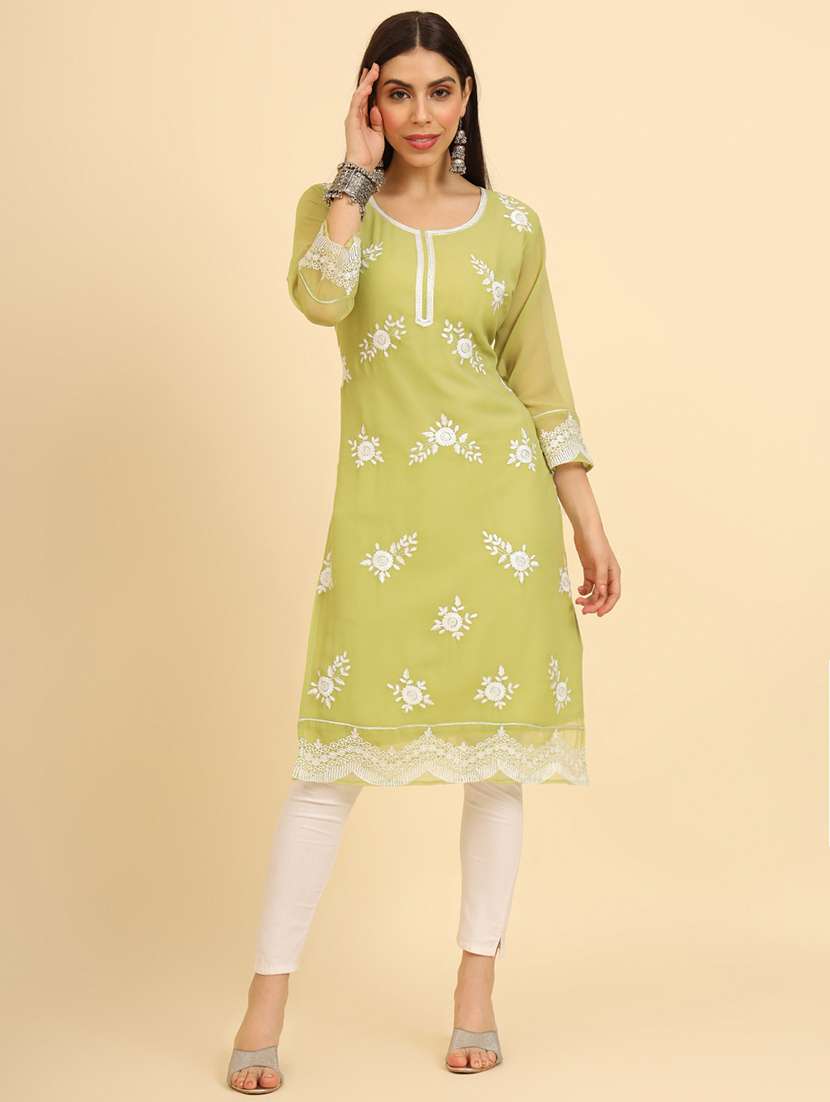 women three quarter sleeve chikankari straight kurta - 21499100 -  Standard Image - 1