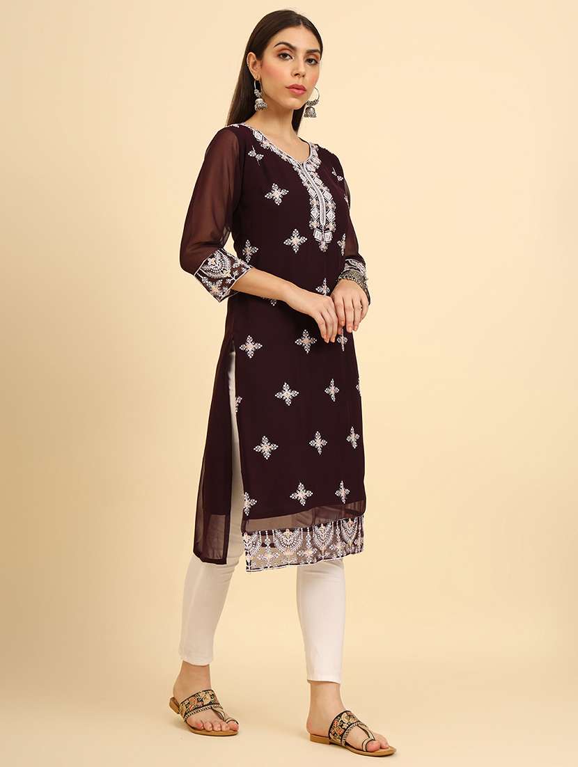 women three quarter sleeve chikankari straight kurta - 21499104 -  Standard Image - 1