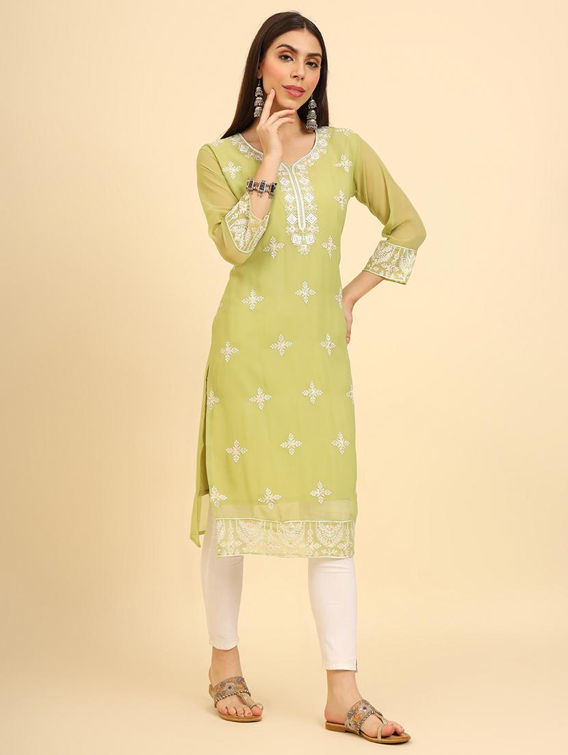 women three quarter sleeve chikankari straight kurta - 21499108 - Standard Image - 1