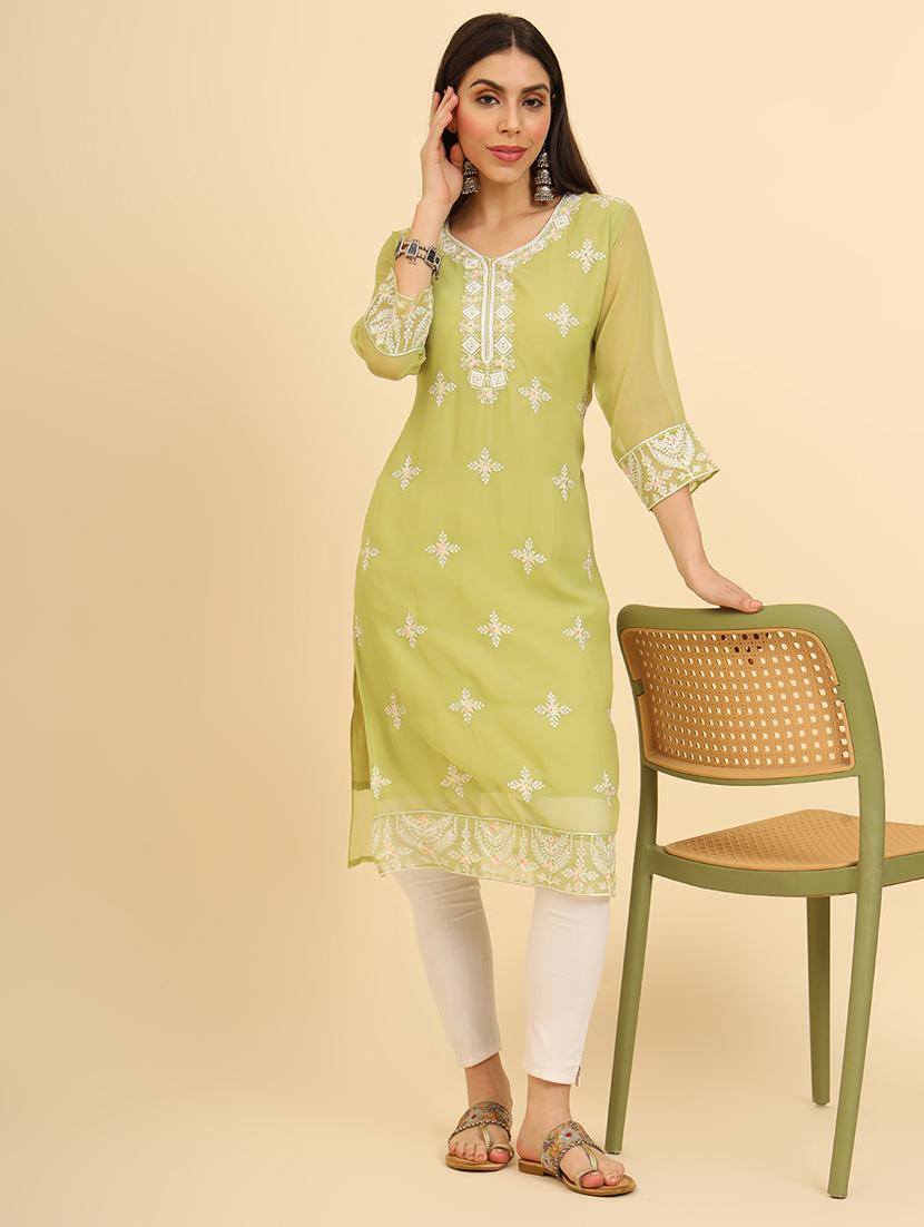 women three quarter sleeve chikankari straight kurta - 21499108 - Standard Image - 4