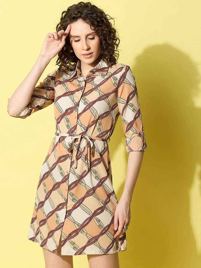 women beige polyester shirt dress