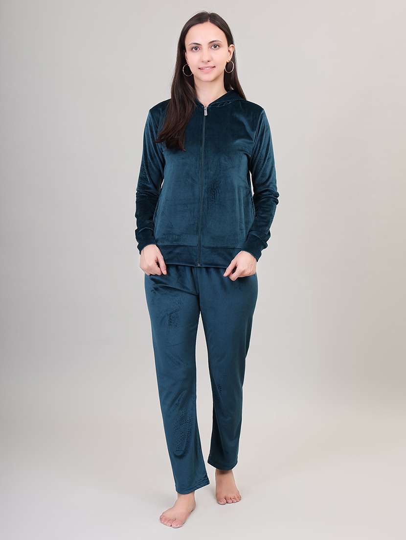 women hooded solid pyjama nightwear set