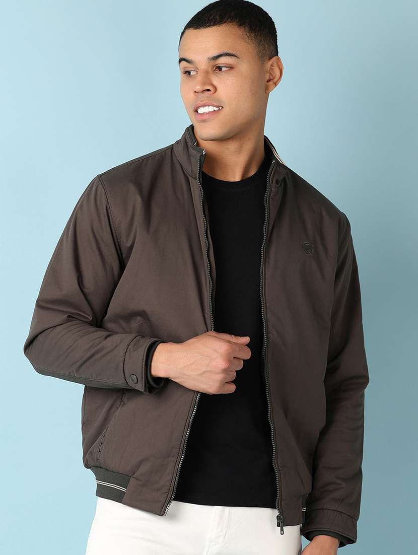 men olive solid bomber jacket