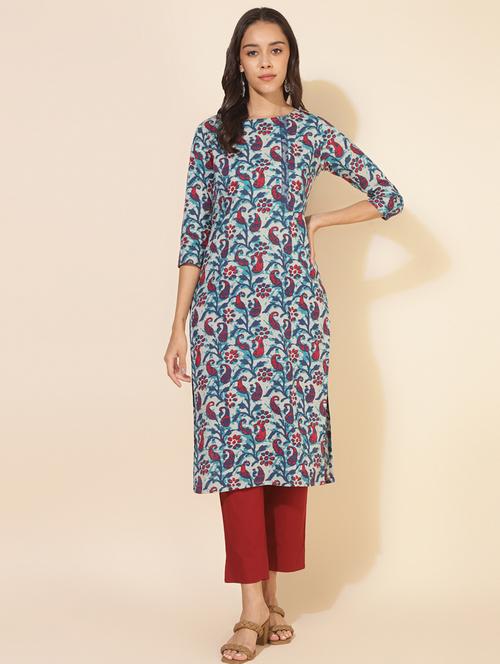 women paisley print three quater sleeve straight kurta - 21501391 -  Standard Image - 0
