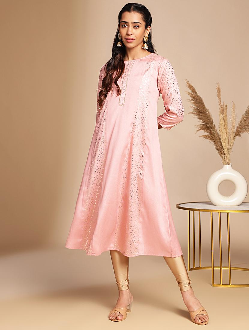 women pink foil printed a-line kurta - 21501395 - Zoom Image - 0