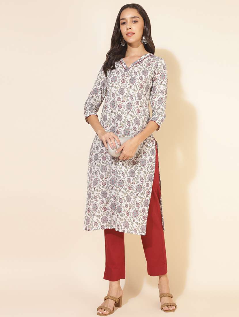 women floral three quater sleeve straight kurta - 21501396 -  Standard Image - 1