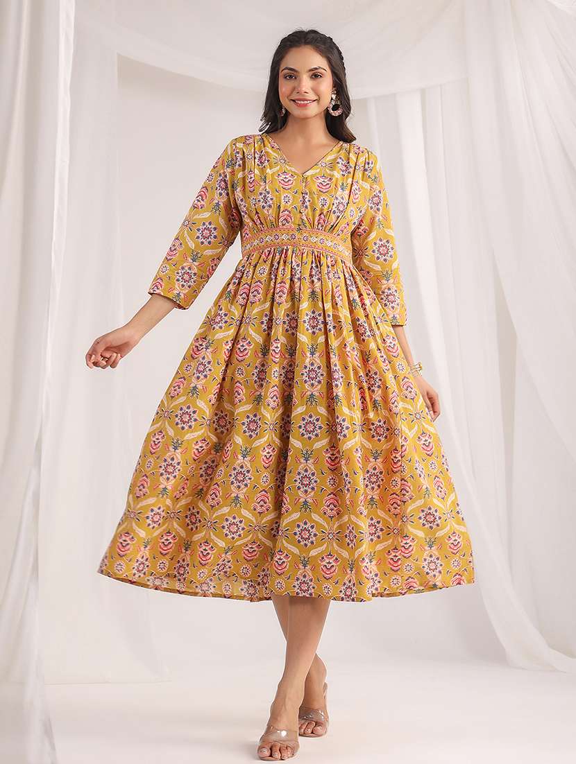 mustard printed fit & flare dress - 21501473 -  Standard Image - 1
