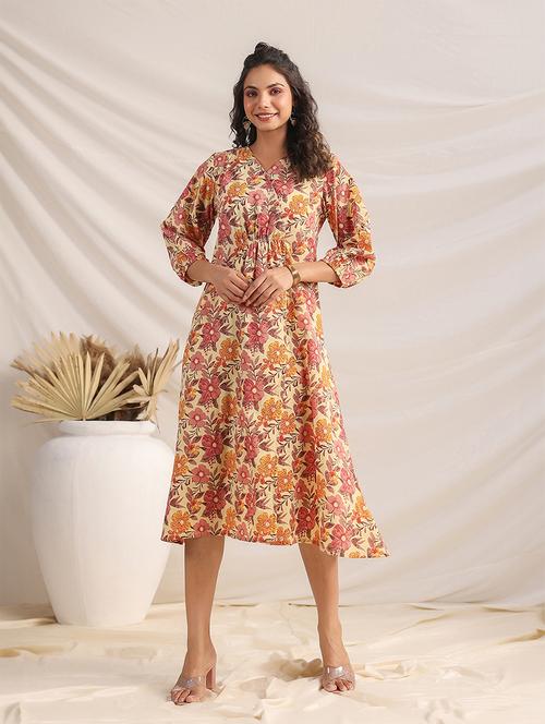 beige floral printed fit & flare dress - 21501475 - Standard Image - 0