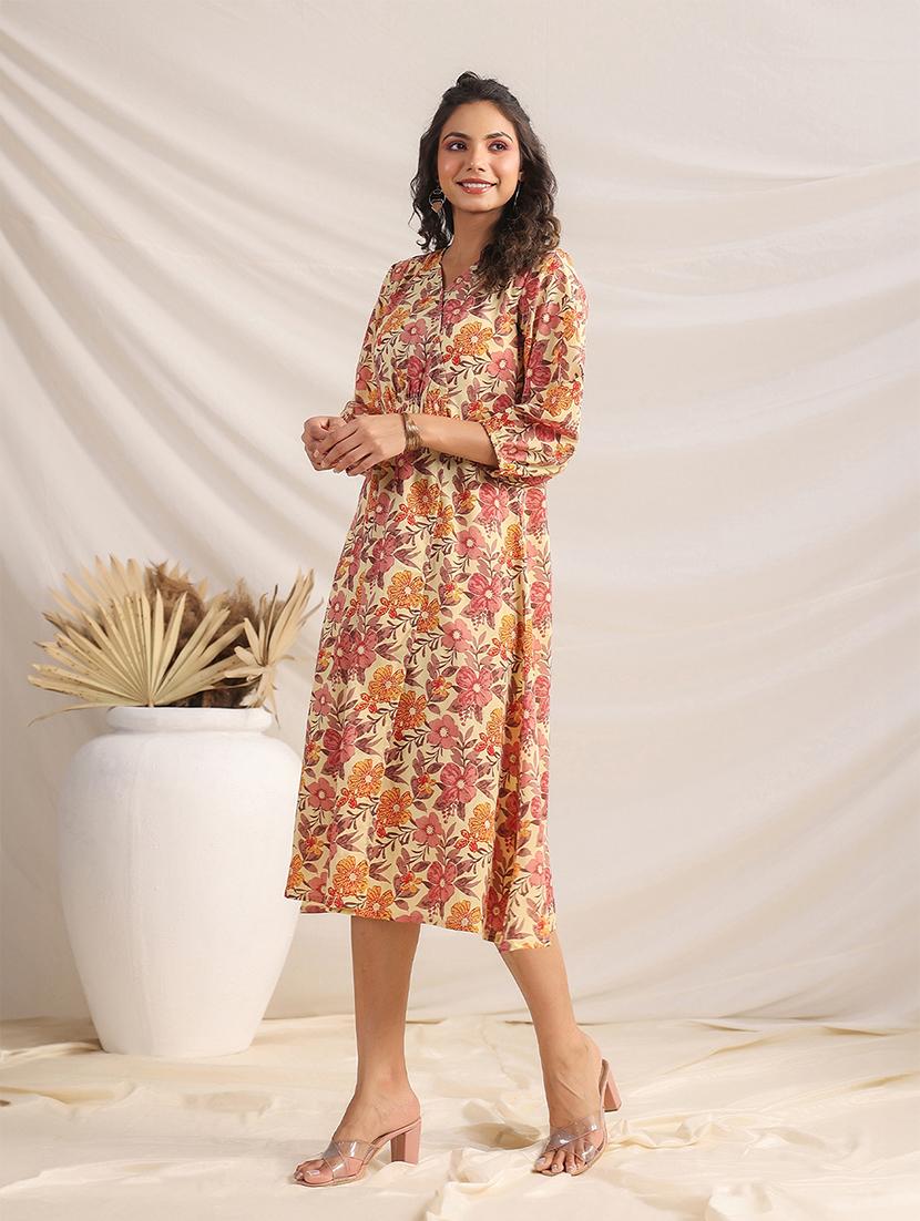 beige floral printed fit & flare dress - 21501475 - Standard Image - 1