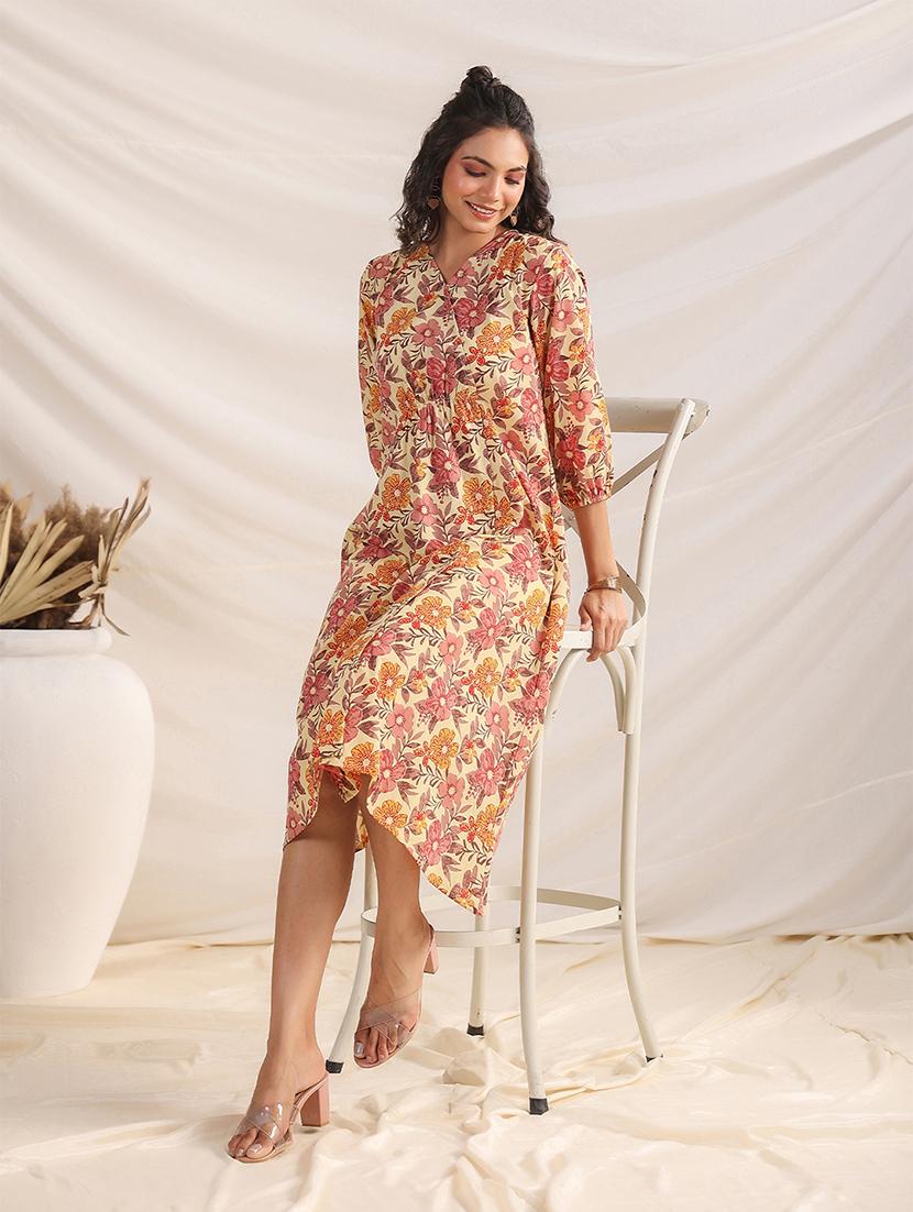 beige floral printed fit & flare dress - 21501475 - Standard Image - 4