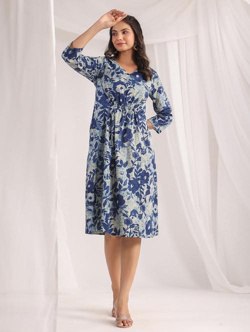 blue floral printed fit & flare dress - 21501477 - Standard Image - 0