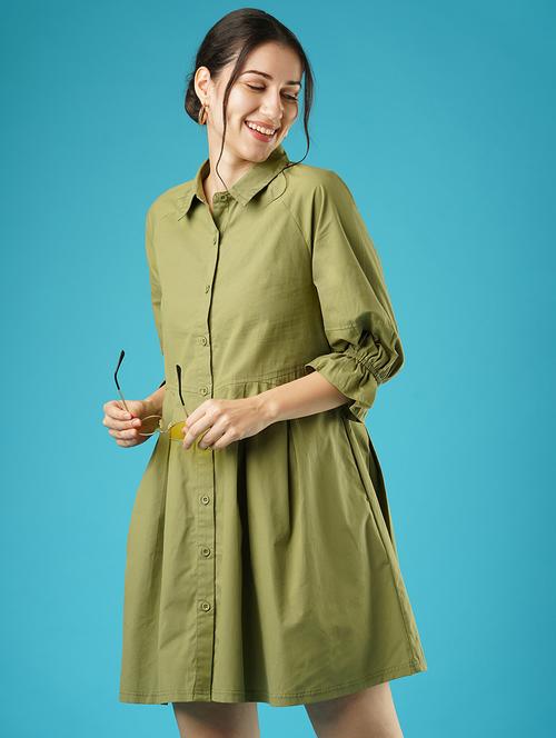 globus women green raglan sleeves gathered oversized above knee shirt style dress - 21501762 - Standard Image - 0