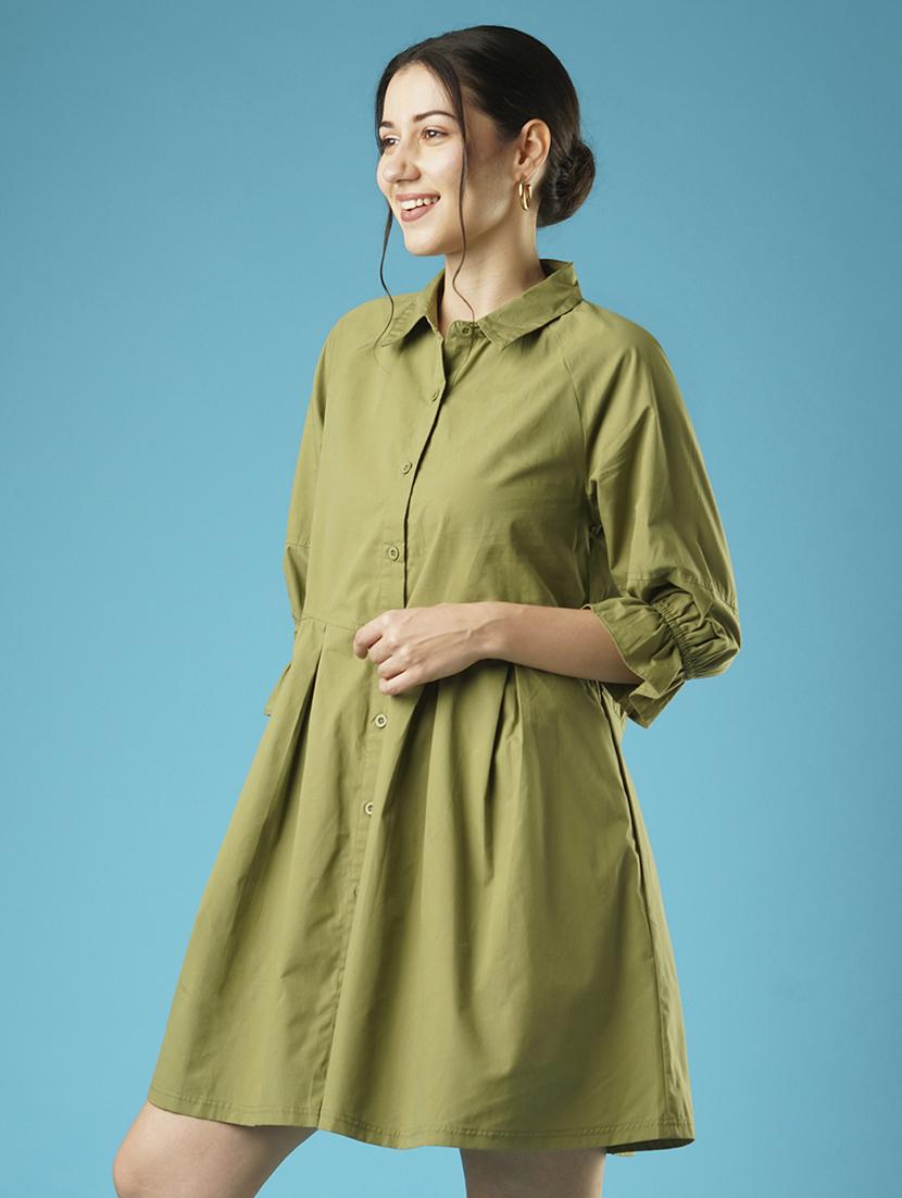 globus women green raglan sleeves gathered oversized above knee shirt style dress - 21501762 - Standard Image - 1