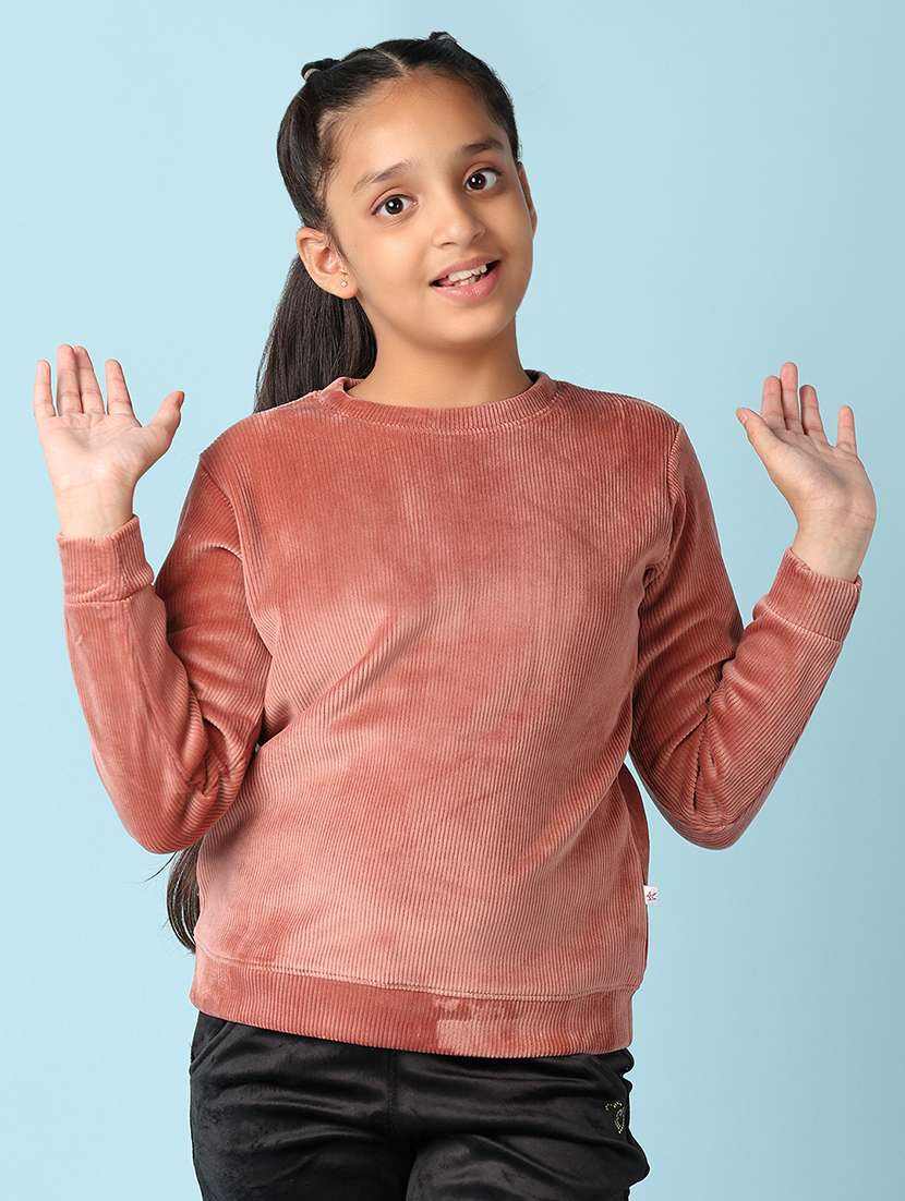 girls peach solid round neck sweatshirts