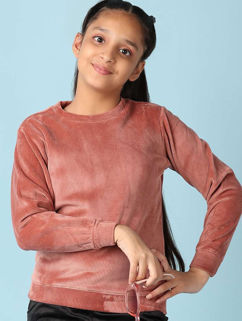 girls peach solid round neck sweatshirts - 21501809 -  Standard Image - 1