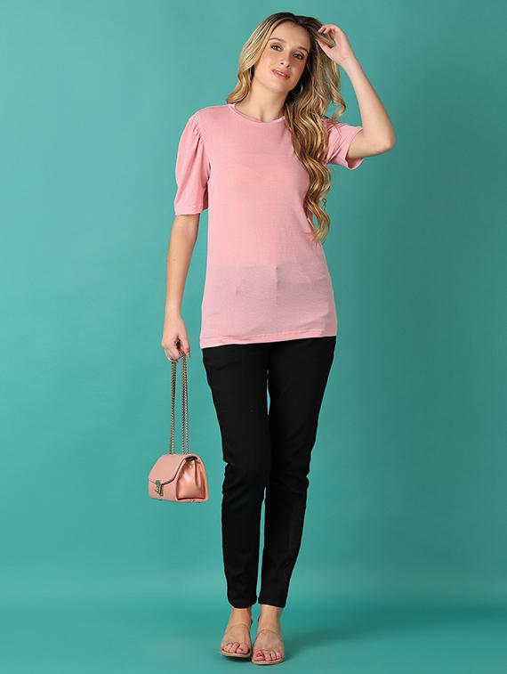women pink solid round neck regular top - 21501819 - Standard Image - 4