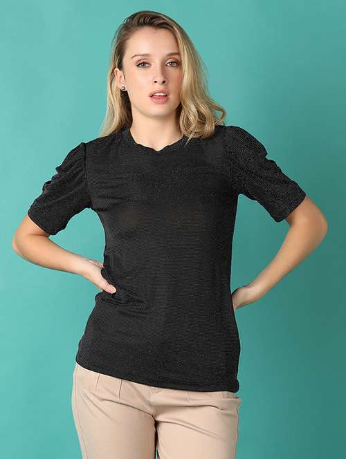women black solid short sleeve regular top - 21501820 -  Standard Image - 0