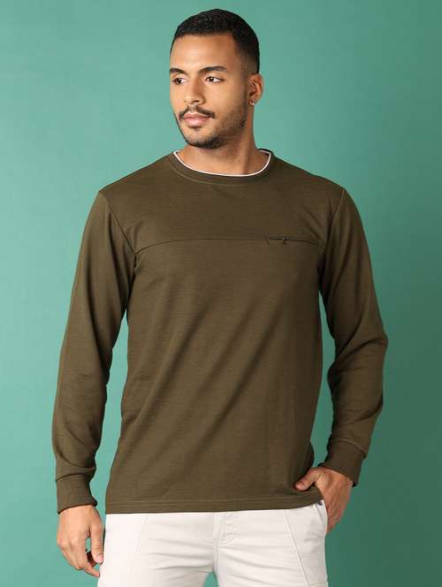 men olive plain long sleeve sweatshirt