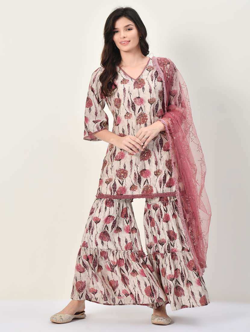 peach floral printed kurta sharara set - 21502061 - Zoom Image - 0