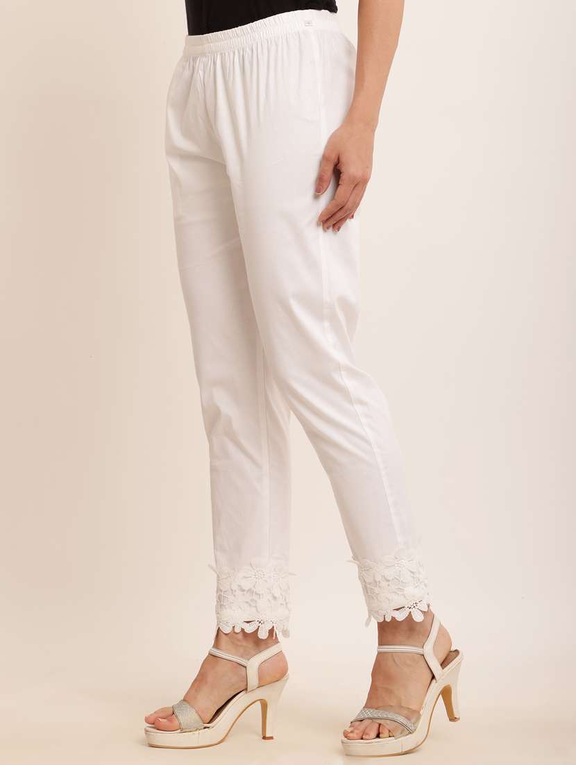 women white cotton lycra cigarette pants  - 21502205 -  Standard Image - 1