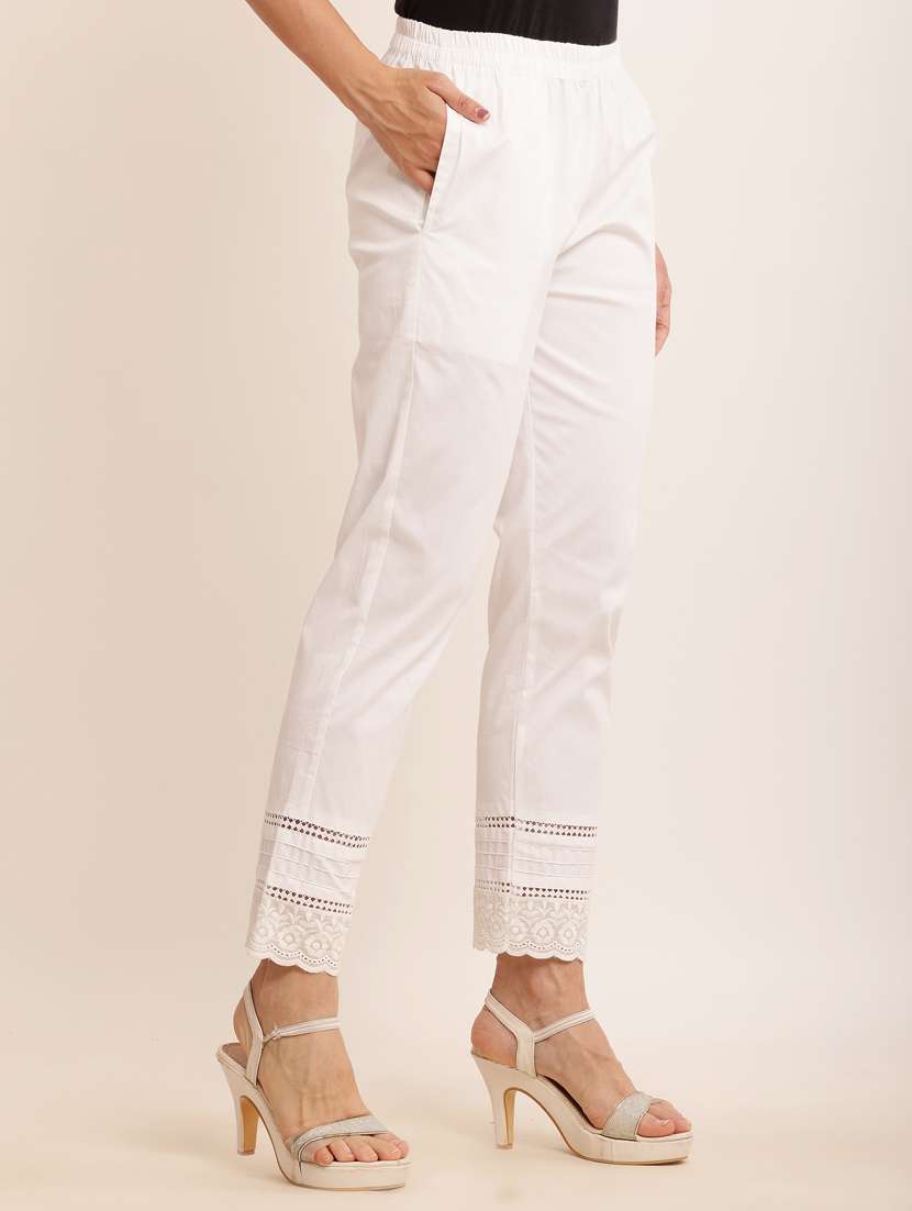 women white cotton lycra cigarette pants  - 21502219 -  Standard Image - 1