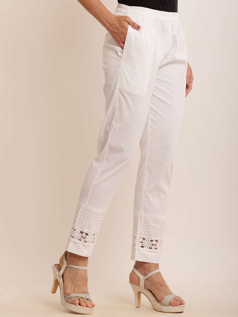 women white cotton lycra cigarette pants  - 21502227 -  Standard Image - 1