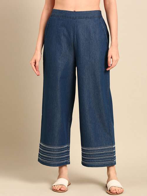 women navy blue cotton wide leg trouser - 21502687 - Standard Image - 0