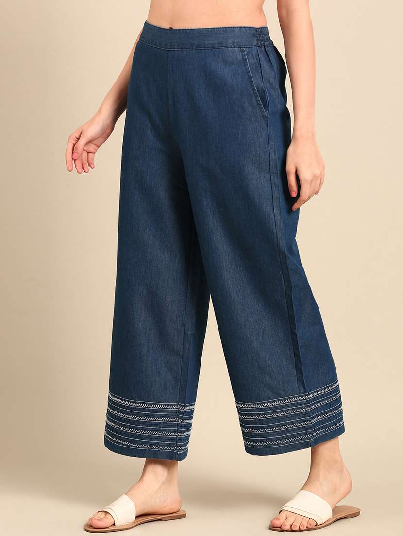 women navy blue cotton wide leg trouser - 21502687 - Standard Image - 1