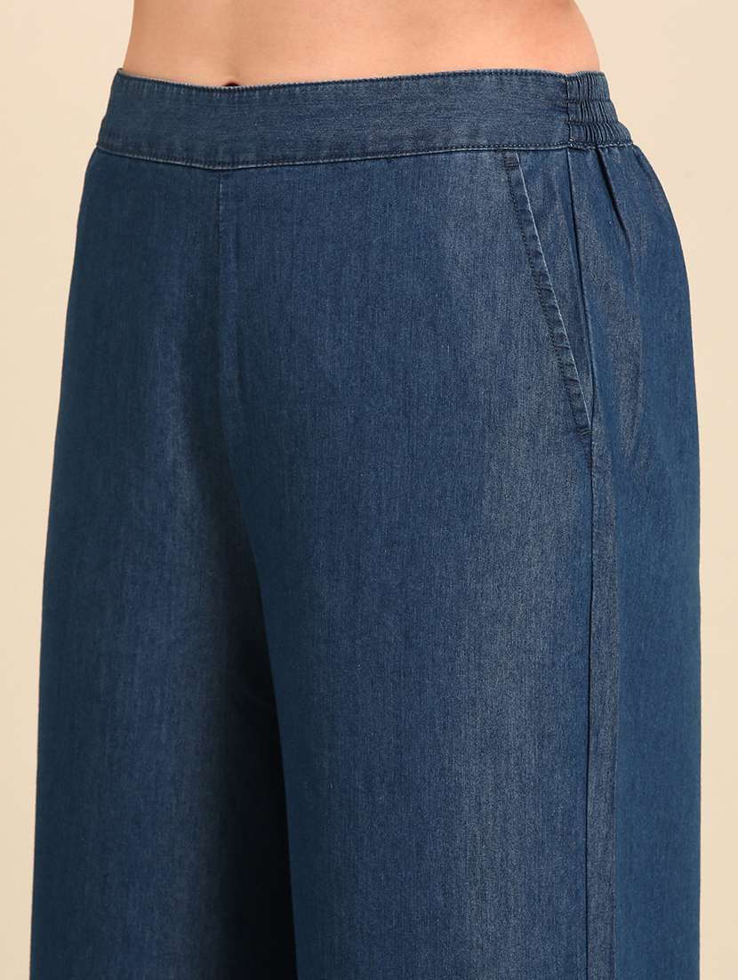 women navy blue cotton wide leg trouser - 21502687 - Standard Image - 4