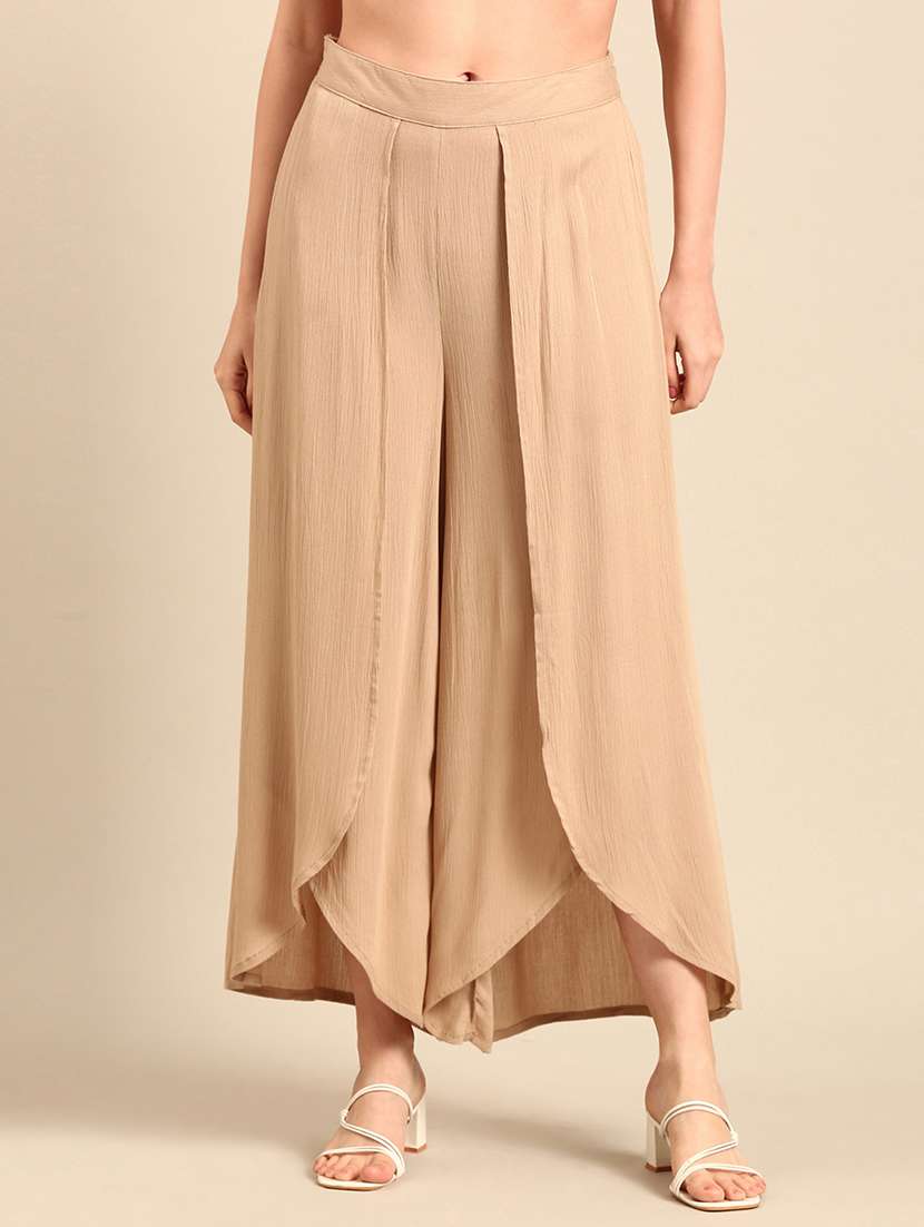 women solid beige wide leg trouser