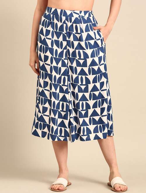 women blue printed culottes trouser - 21502701 -  Standard Image - 0