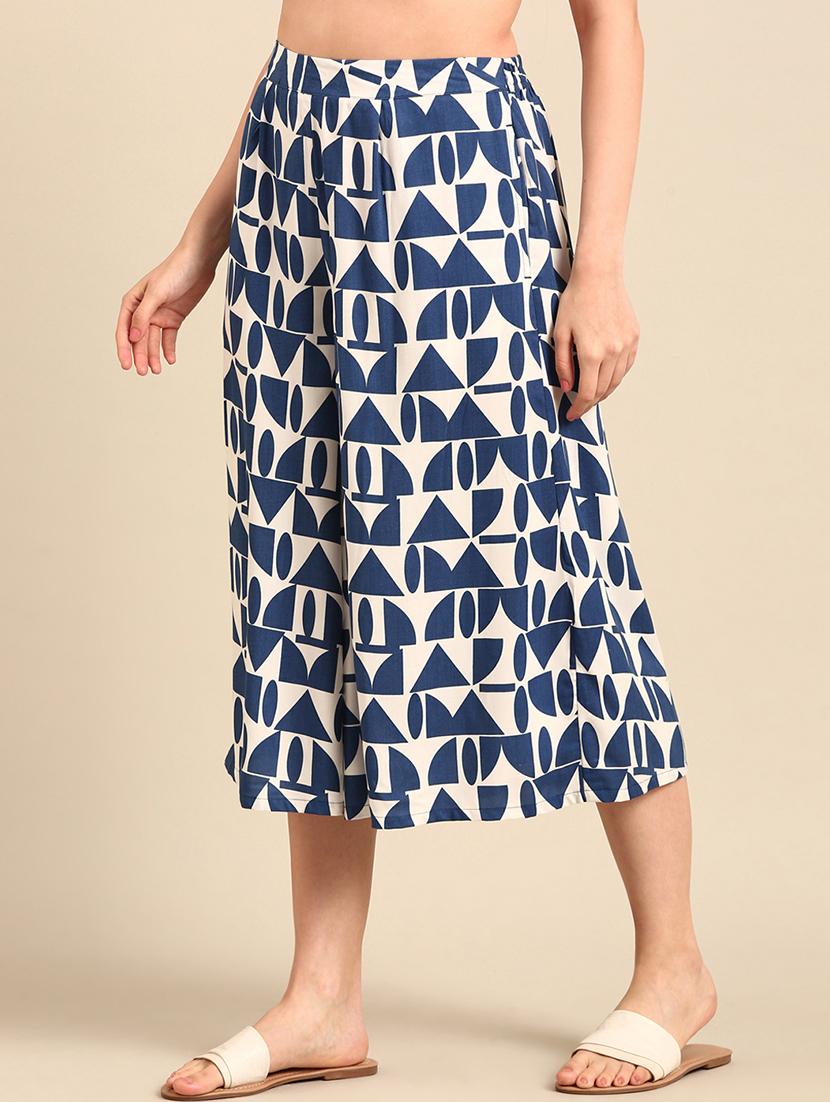 women blue printed culottes trouser - 21502701 - Standard Image - 1